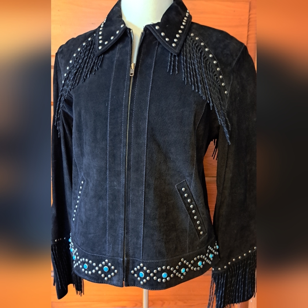Skully Leather/Suede Jacket Women's Size M Style # L224 Fringed, Studded